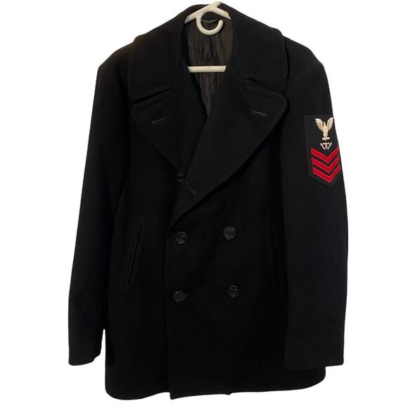 Vintage Navy Pea Coat Peacoat Jacket Mens Wool Black Size 40R Winter Military - Picture 1 of 5